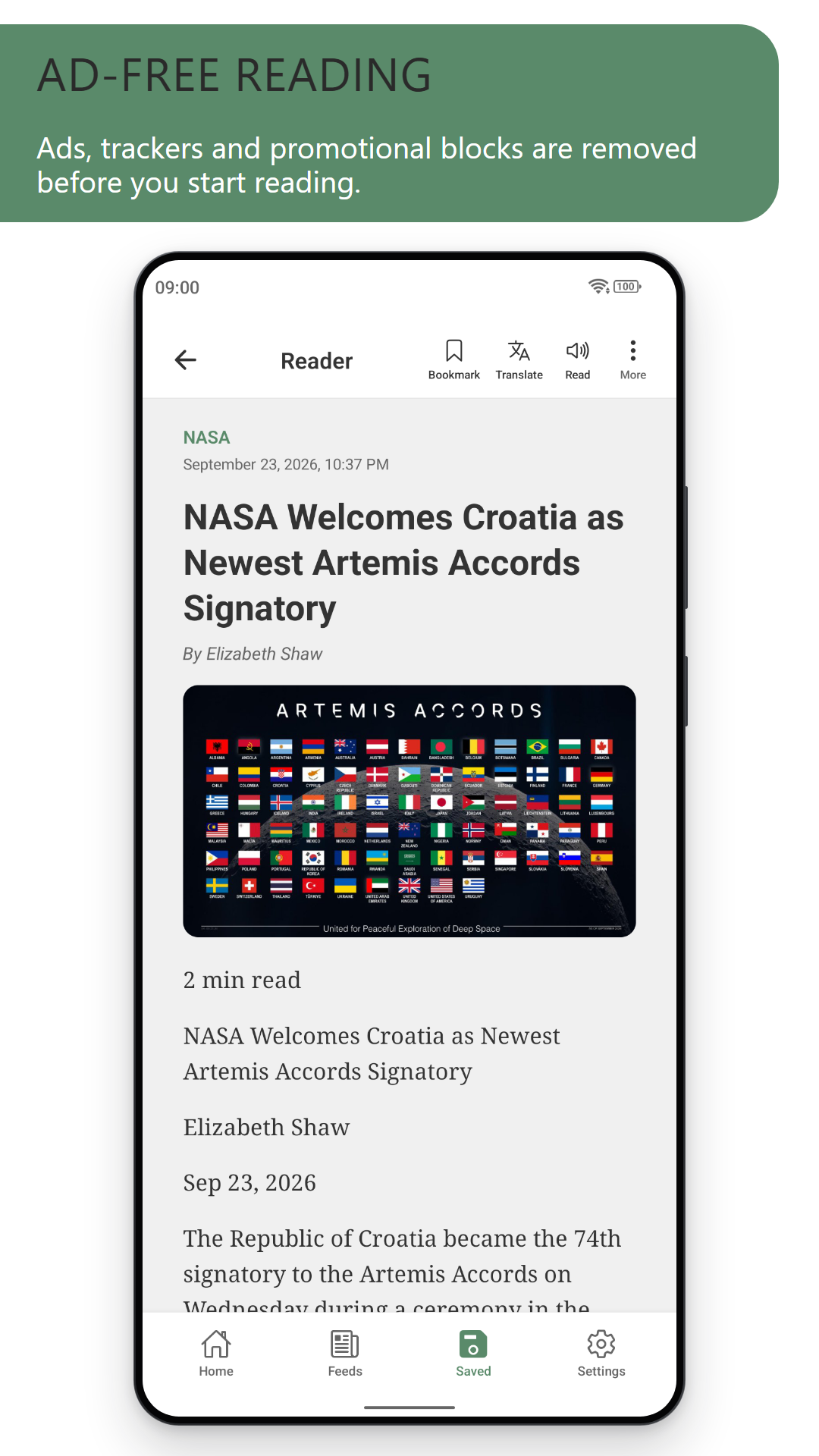 Ad-free reading: a NASA article in the FeedWell reader, with ads, trackers and promotional blocks removed (light theme)