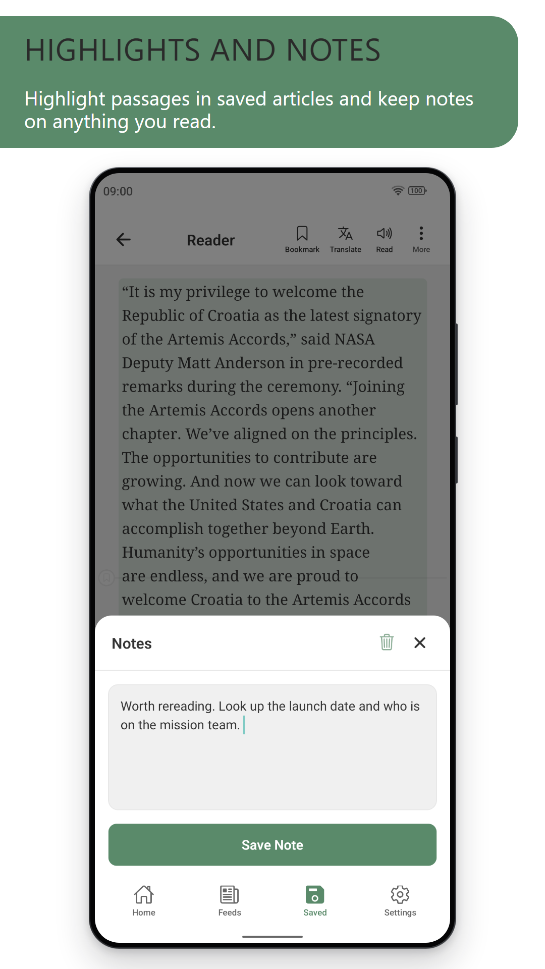 Highlights and notes: a highlighted passage in a saved article, with a note being written in the notes sheet
