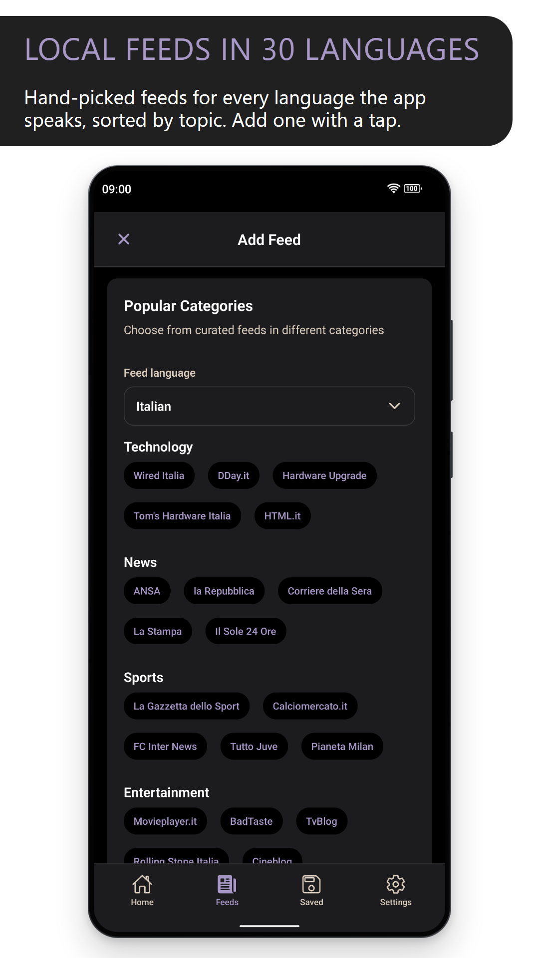 Local feeds in 30 languages: the Add Feed screen showing popular Italian feeds grouped by technology, news, sports and entertainment (dark theme)