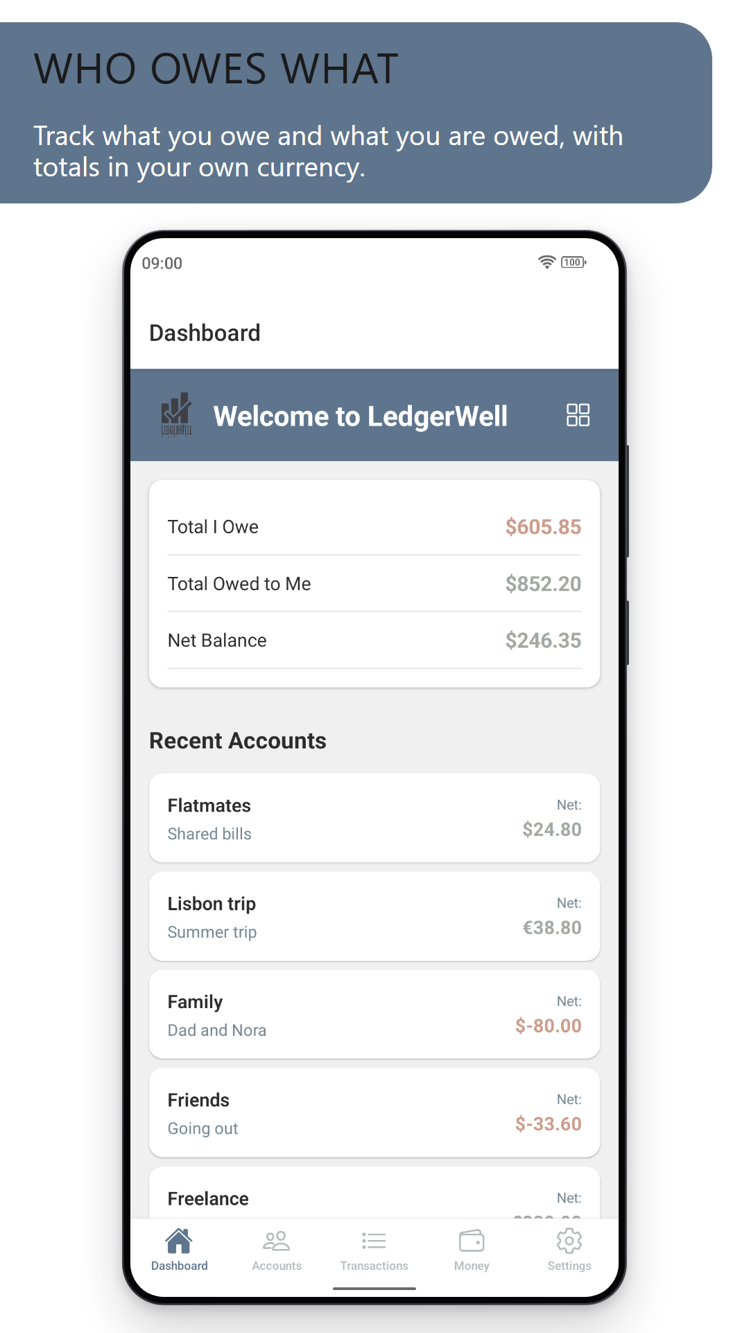 Who owes what: the dashboard showing what you owe, what you are owed and the net balance, with your recent accounts (light theme)