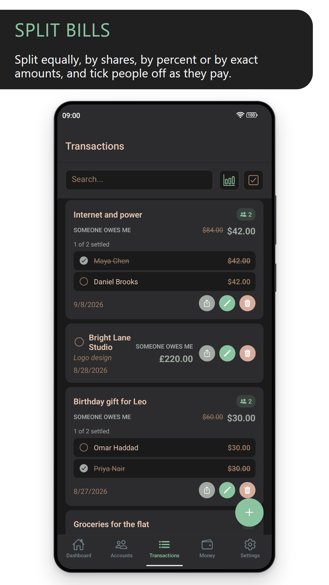 Split bills: the transactions list with shared bills and who has settled each share (dark theme)