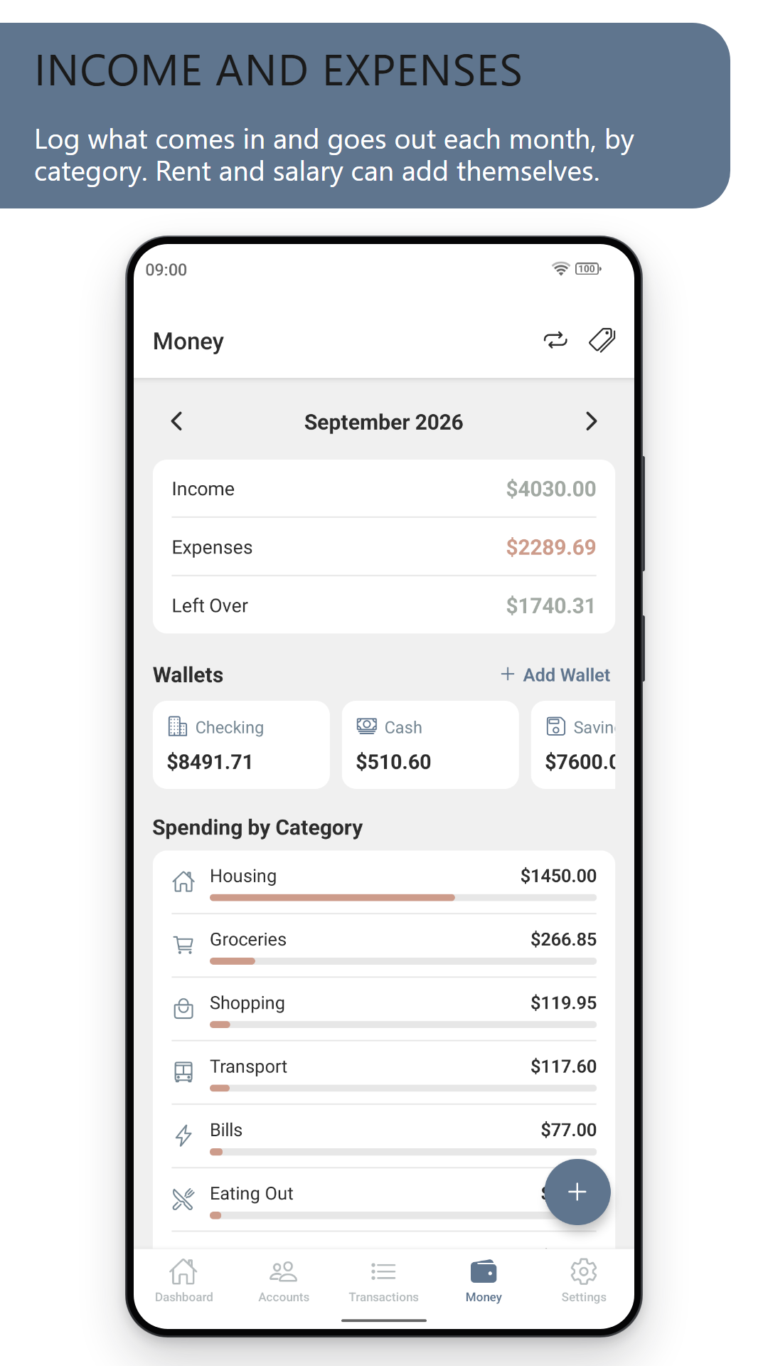 Income and expenses: the Money screen for September 2026 with income, expenses, what is left over, wallets and spending by category (light theme)