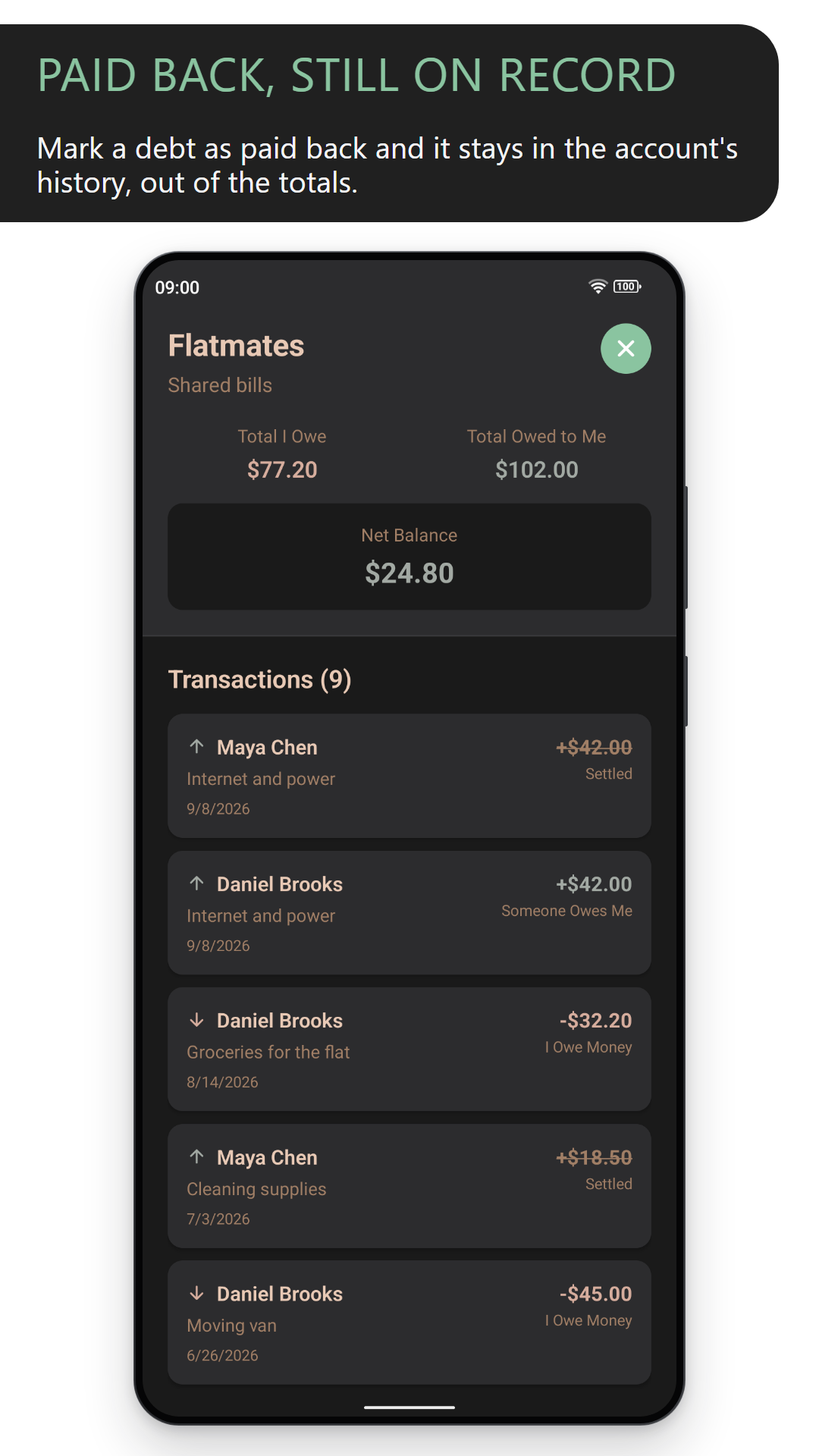 Paid back, still on record: an account whose settled debts stay in its history (dark theme)