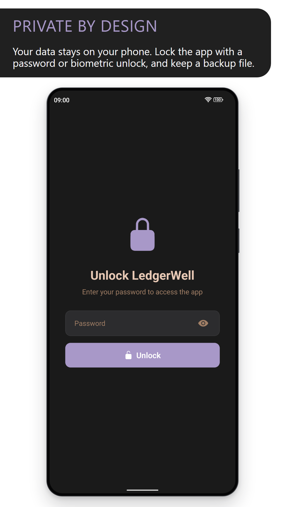 Private by design: the lock screen asking for a password to unlock LedgerWell (dark theme)