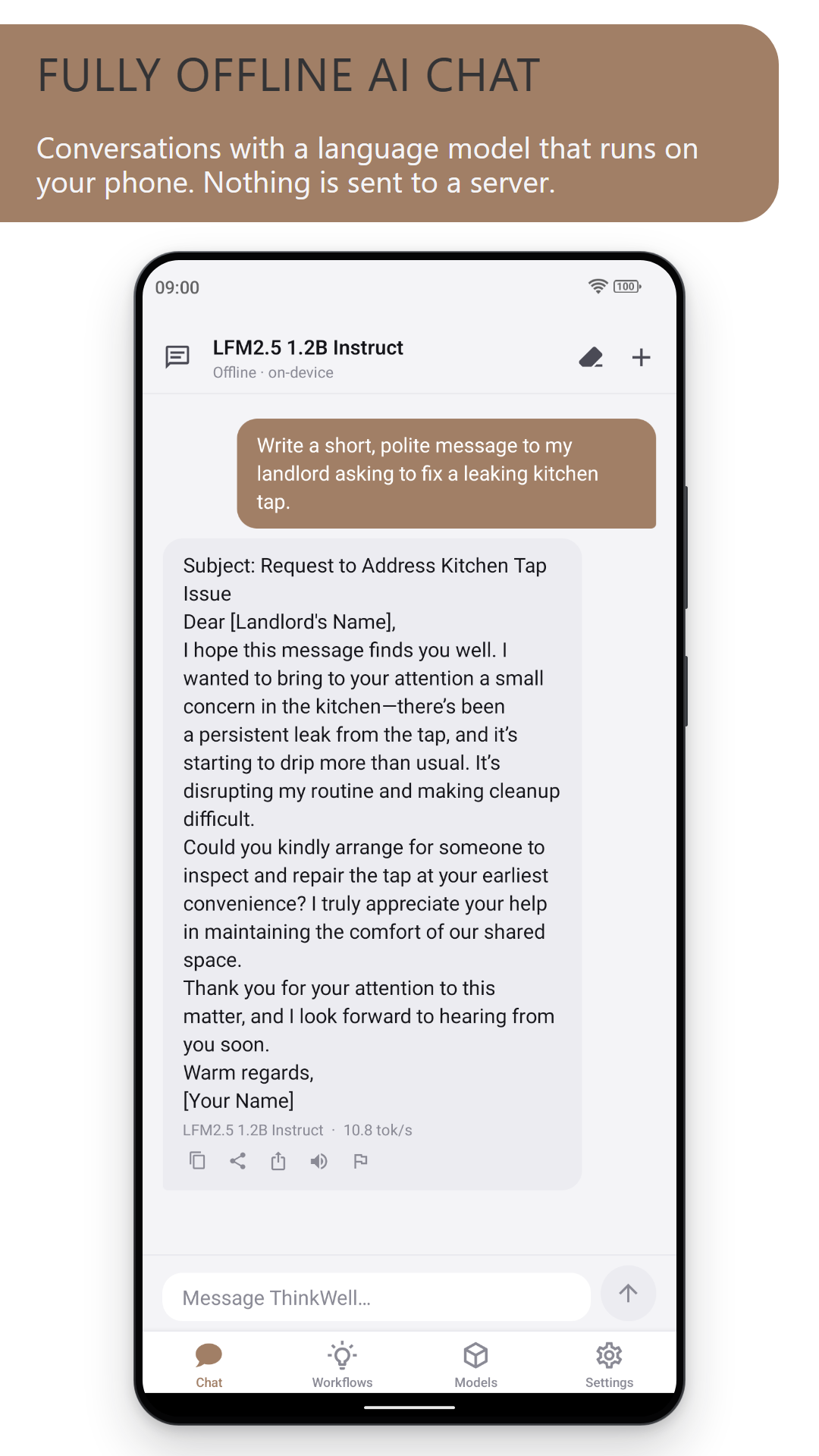 Fully offline AI chat: LFM2.5 1.2B Instruct drafting a polite message to a landlord about a leaking kitchen tap (light theme)