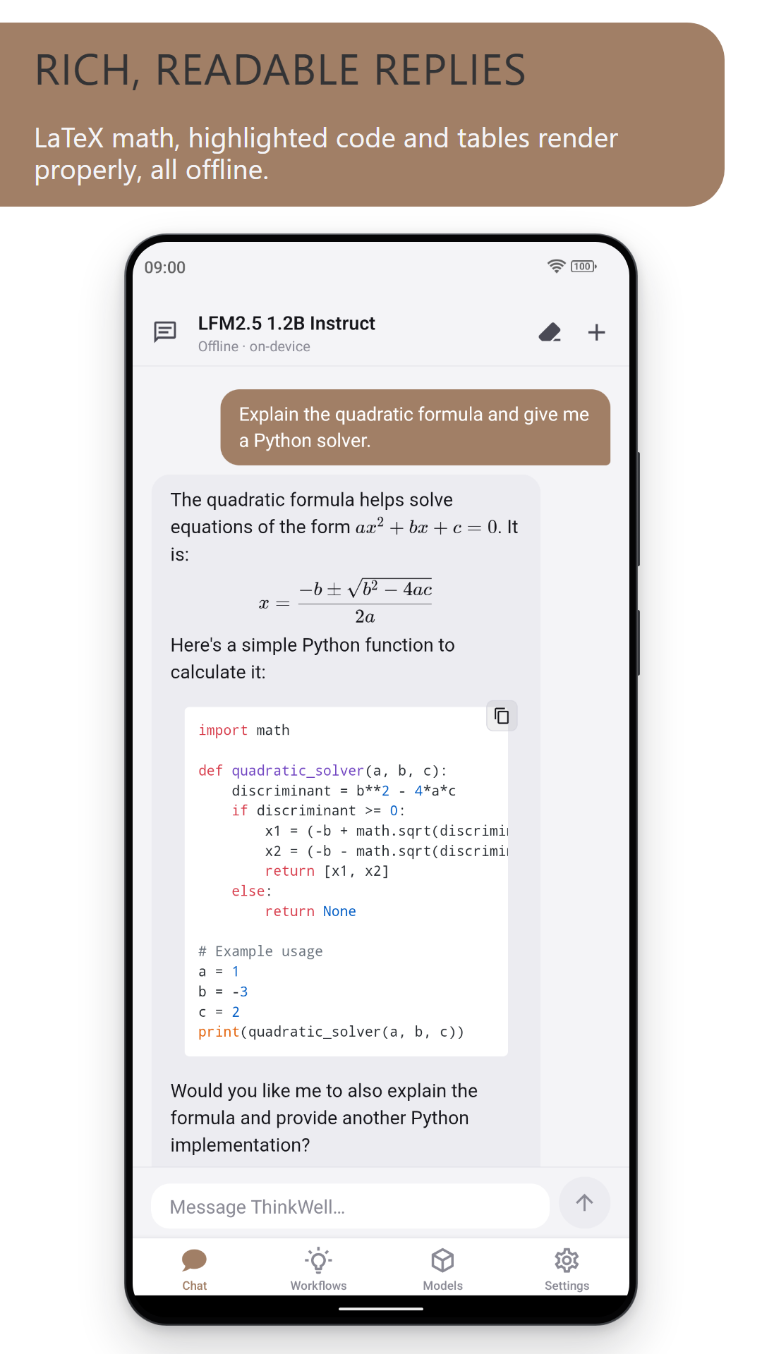 Rich, readable replies: the quadratic formula in LaTeX and a highlighted Python function in a chat reply (light theme)