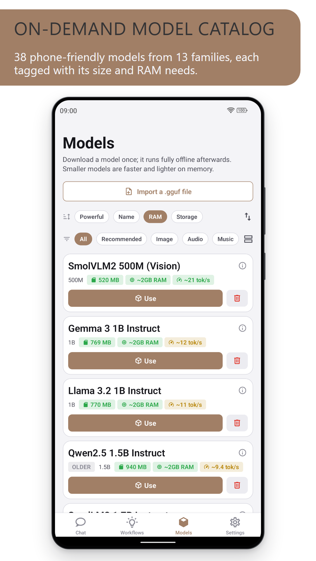 On-demand model catalog: the Models screen with Gemma, Llama, Qwen and SmolVLM2 models tagged with their size and RAM needs, plus sorting and a .gguf import (light theme)