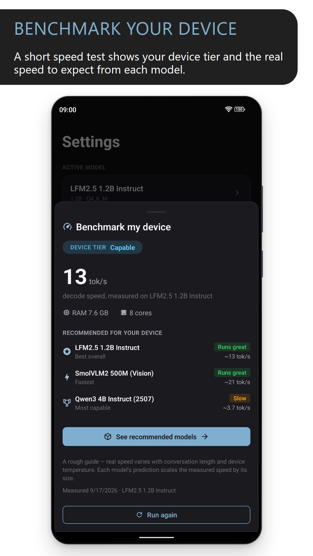 Benchmark your device: a speed test measuring 13 tokens per second on a Capable-tier phone, with recommended models (dark theme)