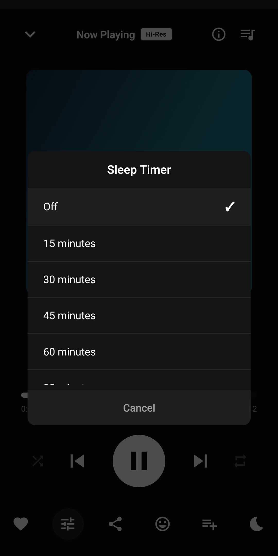 TuneWell now-playing screen with a Hi-Res badge and the sleep timer open, offering off, 15, 30, 45 or 60 minutes (dark theme)