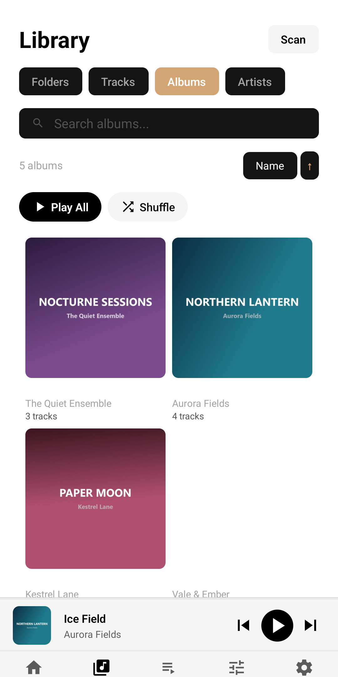 TuneWell library on the Albums tab, with folder, track and artist tabs, search, play-all and shuffle, and a grid of album covers (light theme)