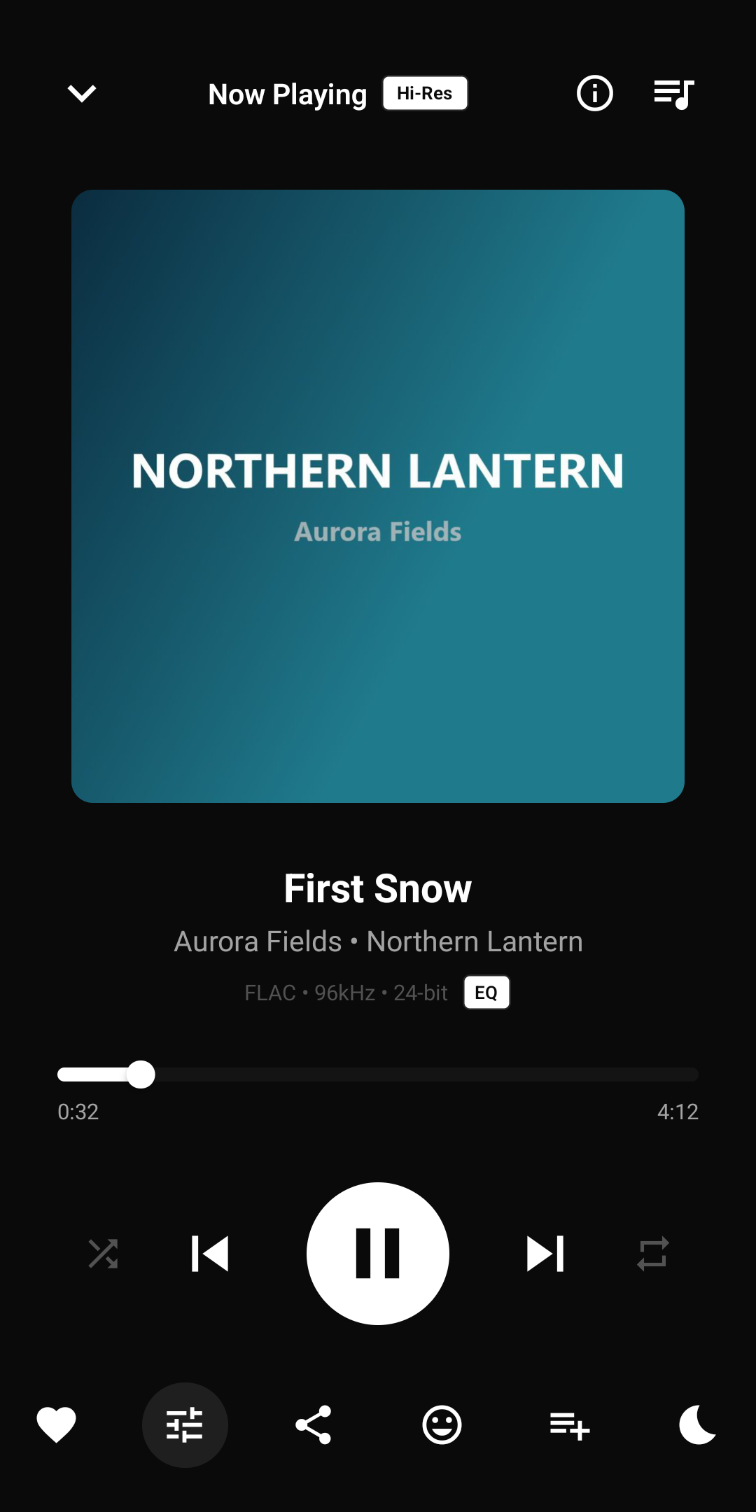 TuneWell playing a FLAC track at 96kHz and 24-bit, showing the album art, Hi-Res and EQ badges and the transport controls (dark theme)