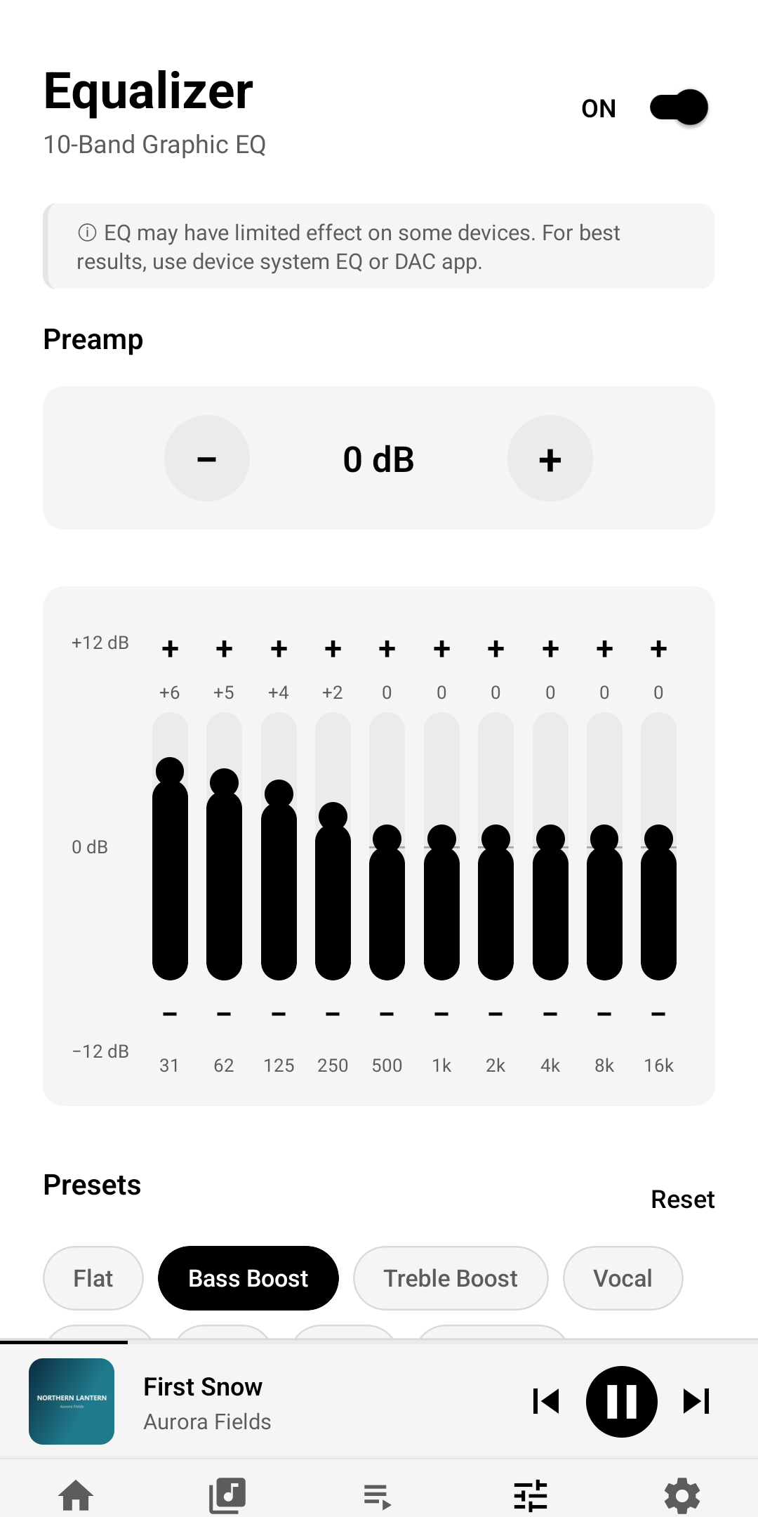 TuneWell equaliser: a 10-band graphic EQ from 31Hz to 16kHz with a preamp and presets including flat, bass boost, treble boost and vocal (light theme)