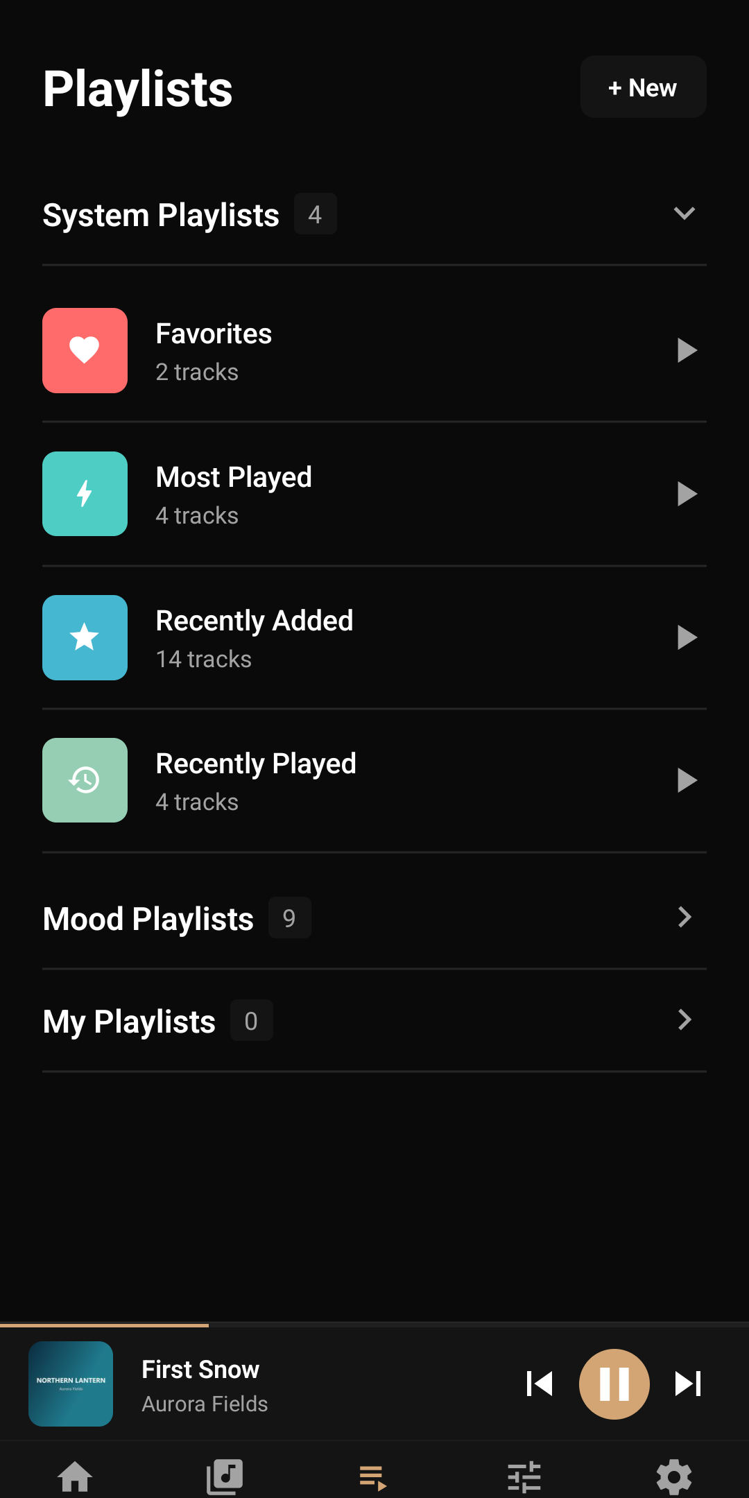 TuneWell playlists: the built-in favourites, most played, recently added and recently played lists, plus mood playlists and your own (dark theme)