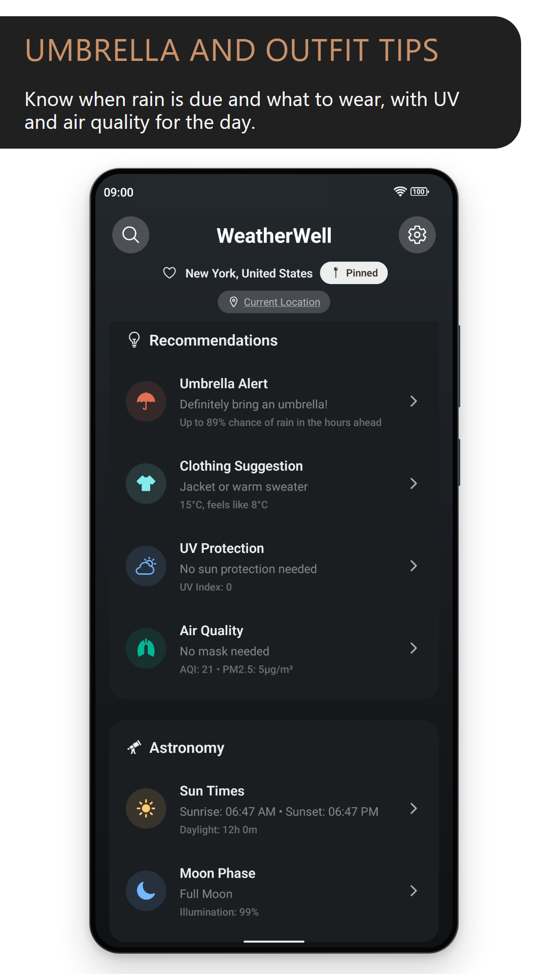 Umbrella and outfit tips: advice to bring an umbrella and wear a jacket or warm sweater, with UV protection and air quality advice, above sunrise, sunset and the moon phase (dark theme)