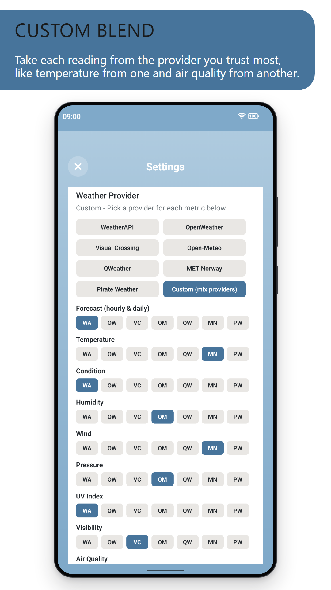 Custom blend: the weather provider settings in custom mode, with a different provider picked for readings such as temperature, humidity, wind and pressure (light theme)