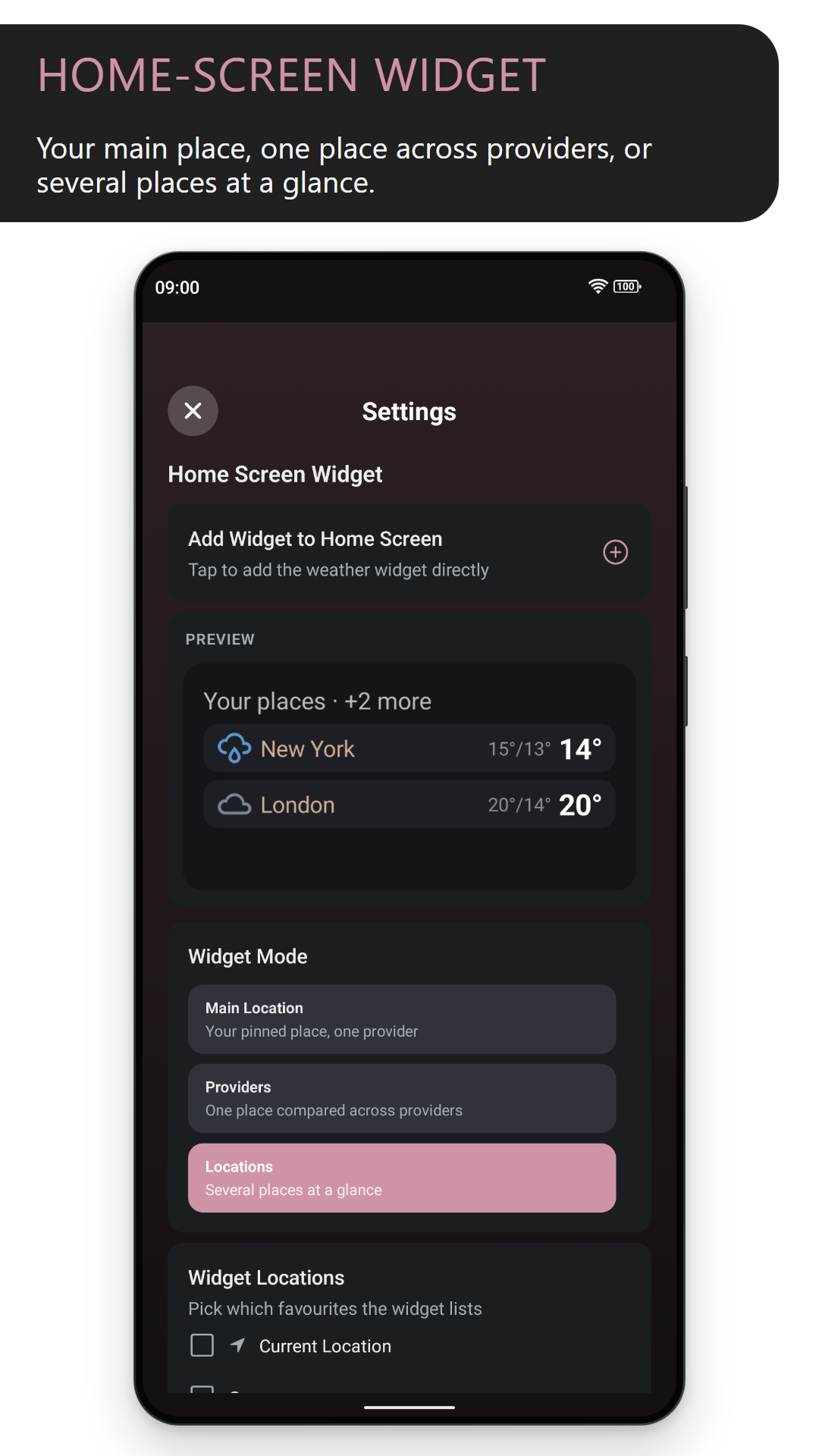 Home-screen widget: the widget settings with a preview of New York and London, and a choice between your main place, one place across providers, or several places (dark theme)
