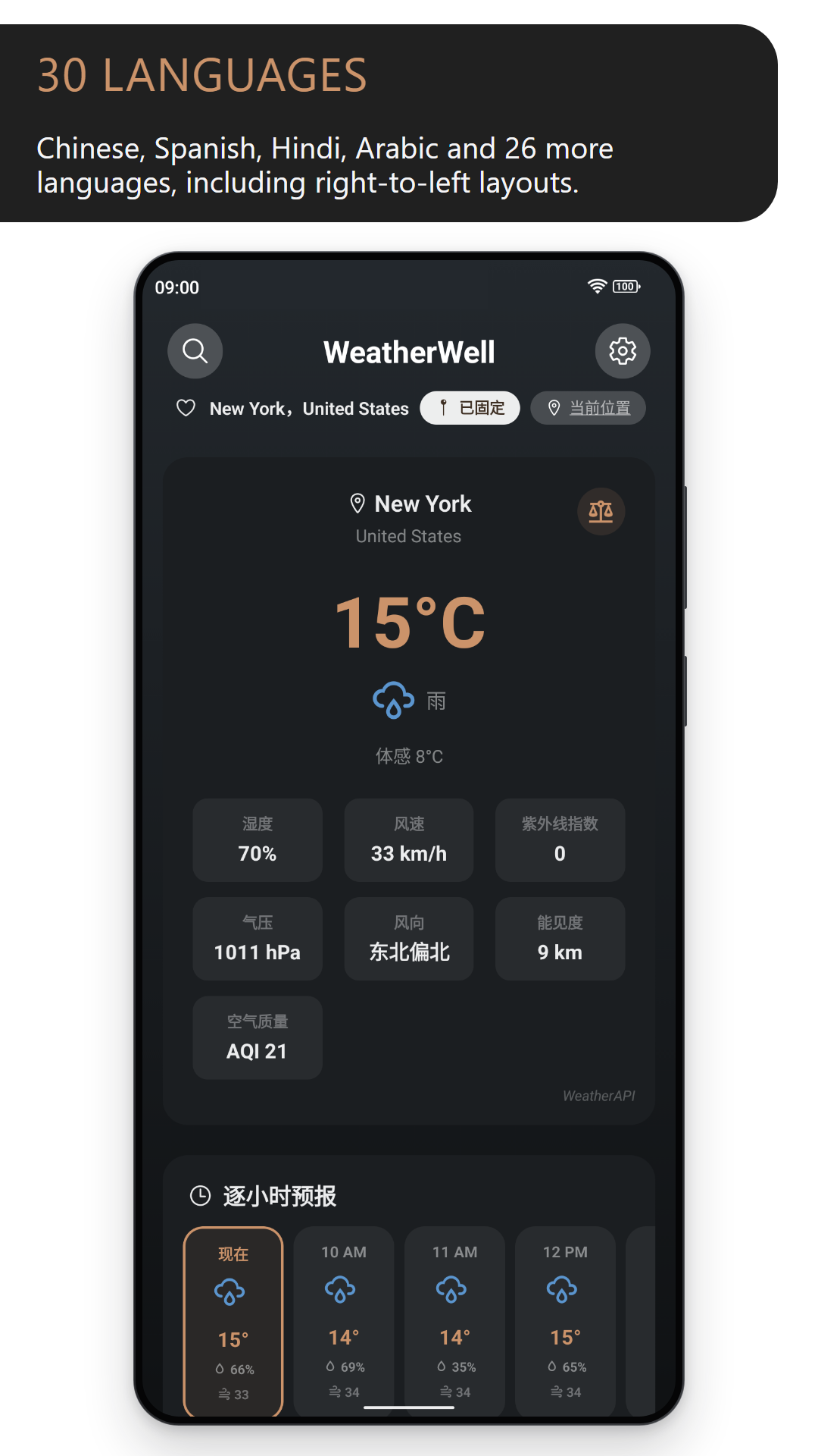 30 languages: current conditions for New York and the hourly forecast, shown in Chinese (dark theme)